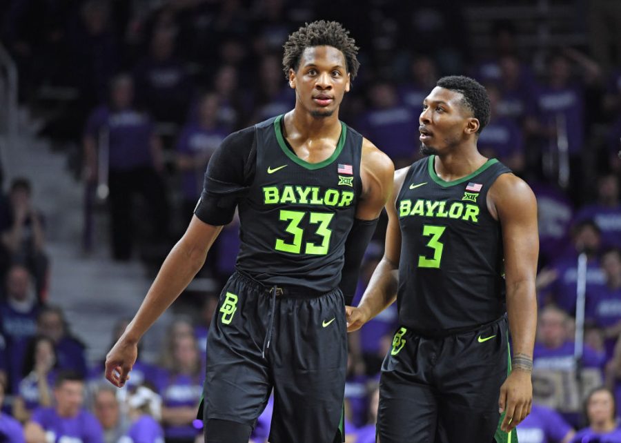 MANHATTAN, KS - MARCH 02:  King McClure #3 of the Baylor Bears talks with Freddie Gillespie #33 during the second half against the Kansas State Wildcats on March 2, 2019 at Bramlage Coliseum in Manhattan, Kansas.  (Photo by Peter G. Aiken/Getty Images)